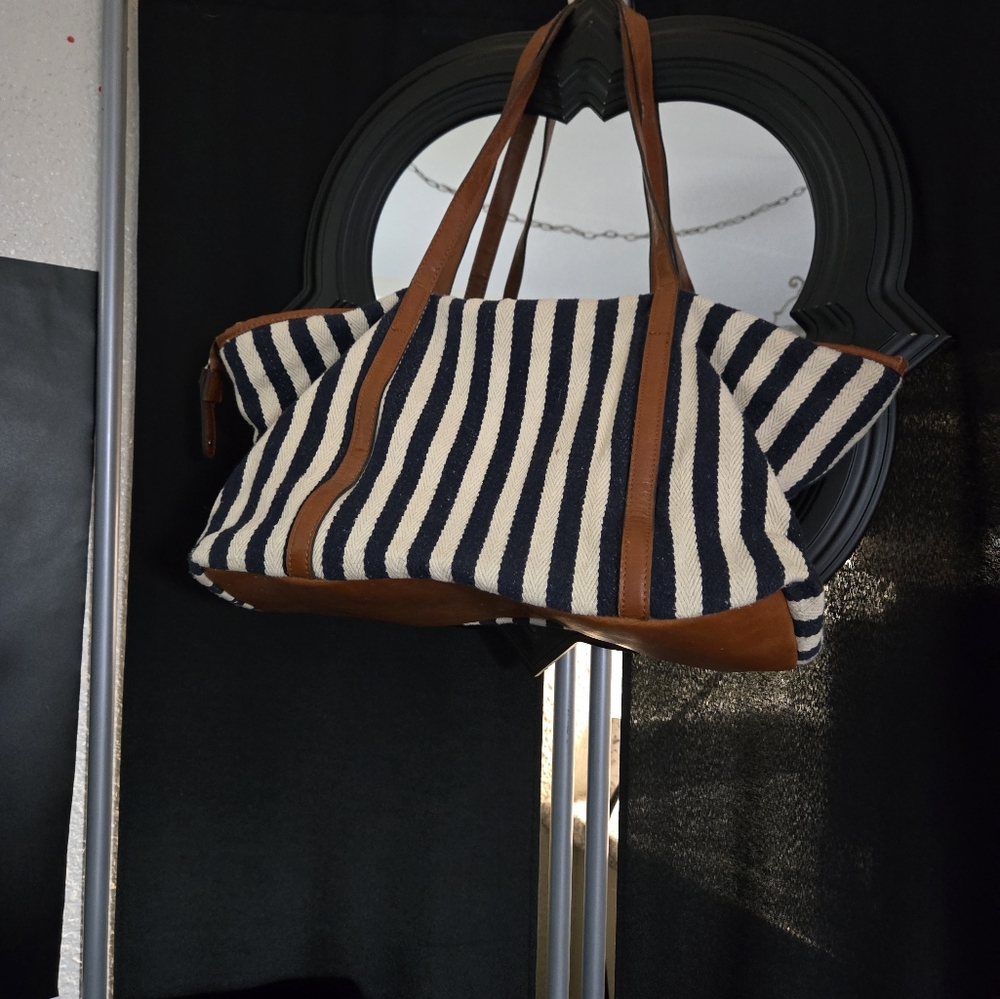 Striped Tote Bag with Brown Accents